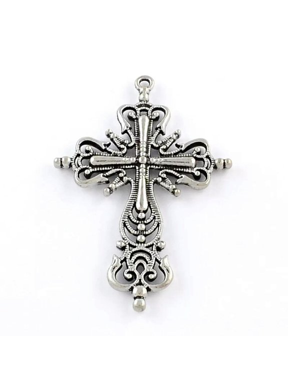 Large Cross Pendant Antiqued Silver Religious Jewelry Christian Catholic 64mm