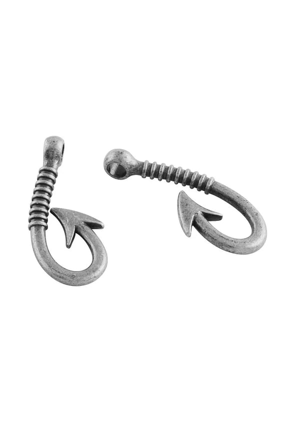Large Fish Hook Pendants Charms Antiqued Silver Fishing Findings Fisherman 5pcs