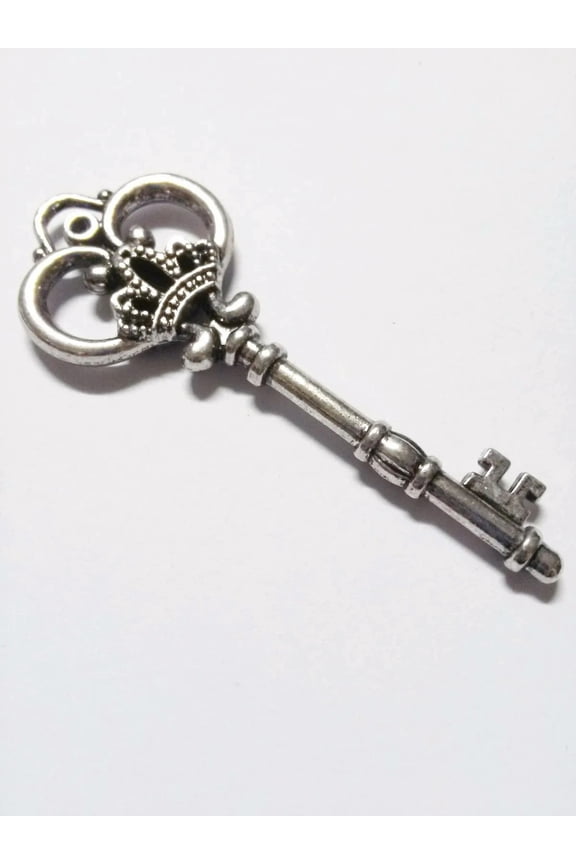 Large Key Pendant Skeleton Key Pendant Antiqued Silver Ornate Thick Skeleton Key