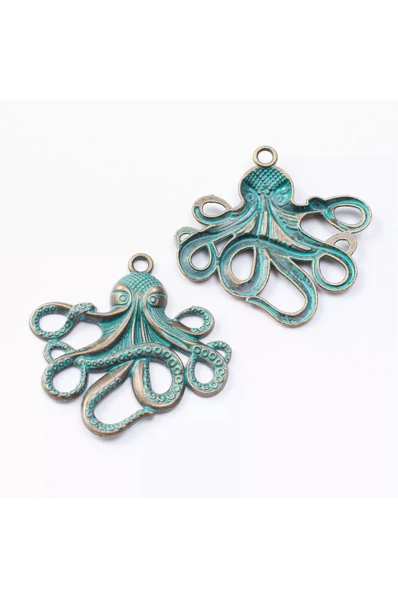 Large Octopus Pendant Antiqued Bronze Steampunk Kraken Patina Verdigris 55mm