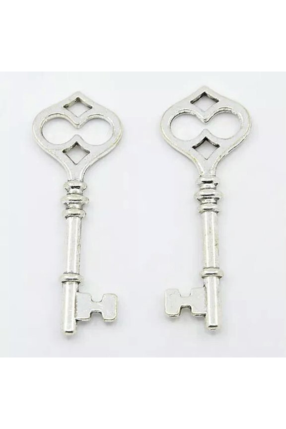 Large Skeleton Key Pendants Antique Silver 60mm Steampunk Supply 2 Sided 2pcs