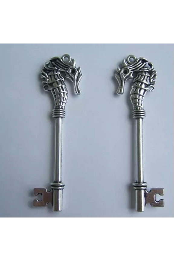 Large Skeleton Keys Antiqued Silver Seahorse Key Nautical Charms 2/4 pieces-2pcs
