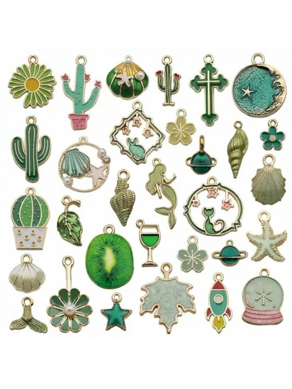 31pcs Assorted Enamel Charm Flower Moon Star Pendants DIY Bracelet Necklace-Green