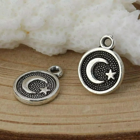 U8MO Moon and Star Pendants Antiqued Silver Celestial Sky Charms 12mm Crescent 20pcs