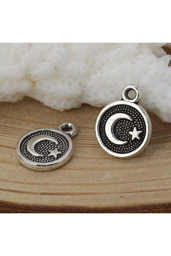 Moon and Star Pendants Antiqued Silver Celestial Sky Charms 12mm Crescent 20pcs