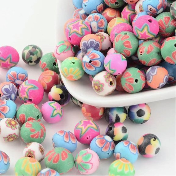 U8MO Polymer Clay Beads Assorted Lot 8mm Round Floral Flower Pattern 80pcs Bulk