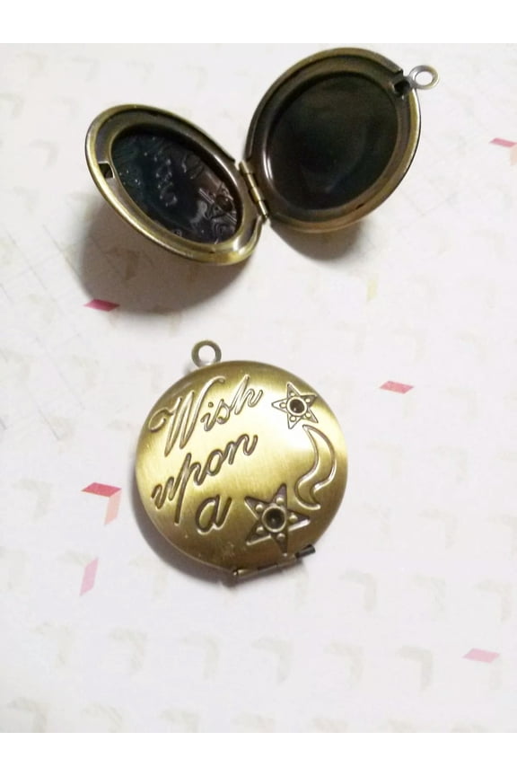 Quote Locket Pendant Brass Bronze Round Fairy Tale Jewelry Wish Upon a Star