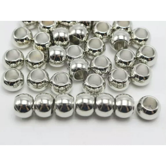 U8MO Silver Tone Metallic Acrylic Smooth Ring Spacer Big Hole Pony Beads -100Pcs 12X9mm