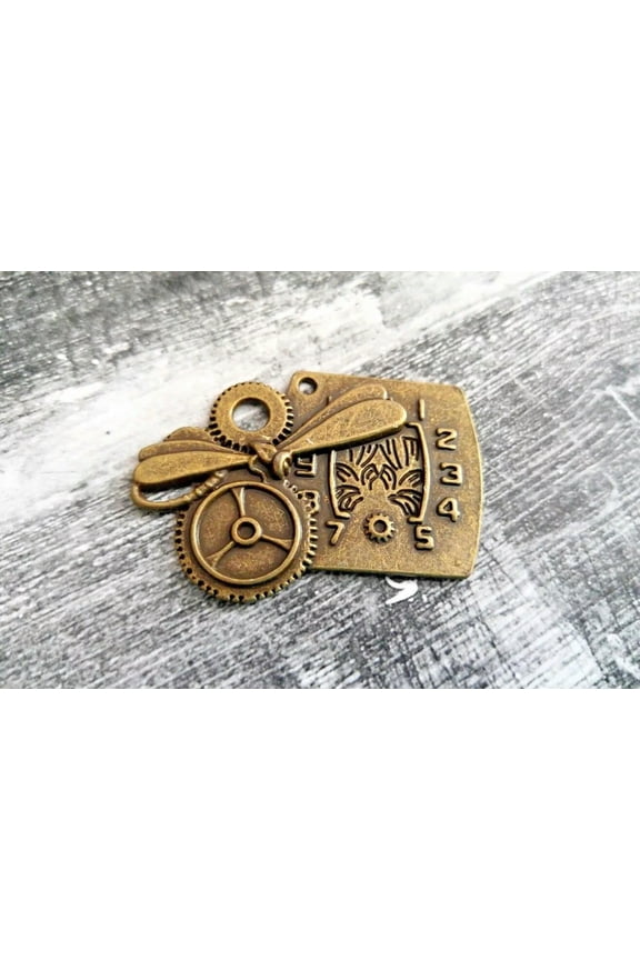 Steampunk Clock Pendant Dragonfly Gears Charm Antiqued Bronze Jewelry Supplies
