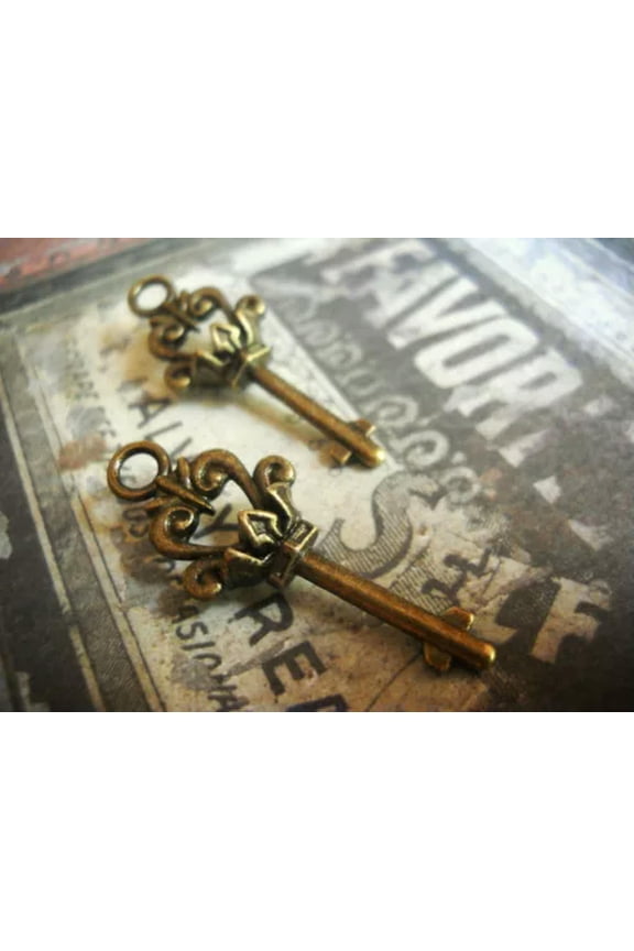 Steampunk Key Pendants Antiqued Bronze 2 Sided Skeleton Keys Crown Top 10/25-10pcs