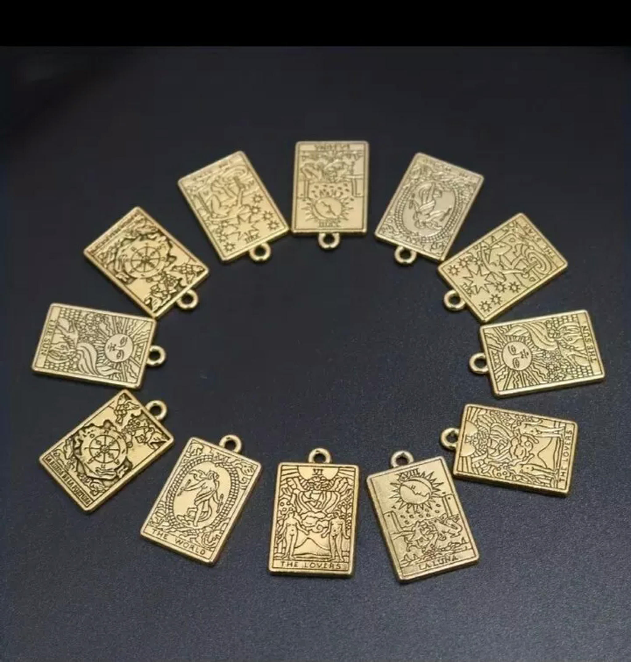 U8MO Tarot Card Charms Antiqued Gold Gothic Fortune Telling Jewelry 23mm Astrology 12