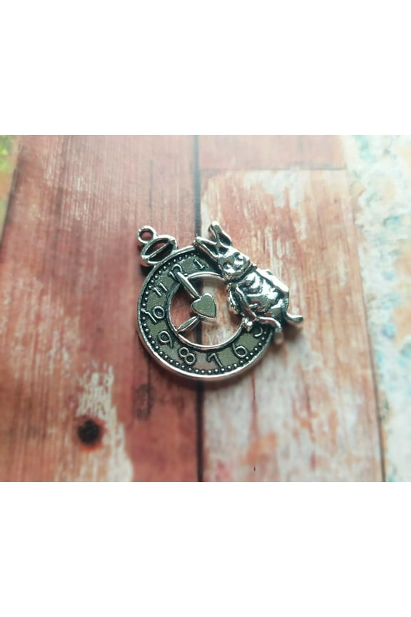 White Rabbit Charm Clock Pendant Antiqued Silver Alice in Wonderland Finding