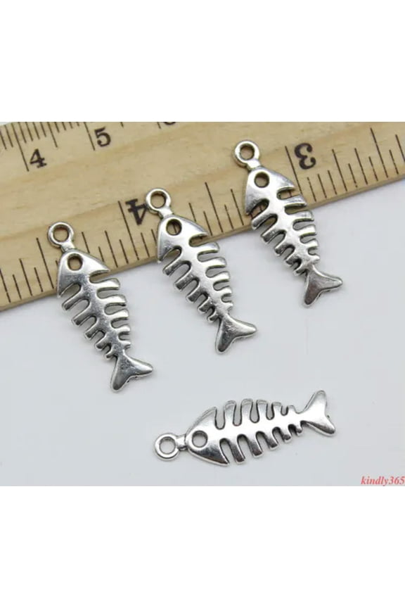 Wholesale retro style Fish skeleton alloy charm pendants DIY material 25x9mm-ancient silver-100pcs