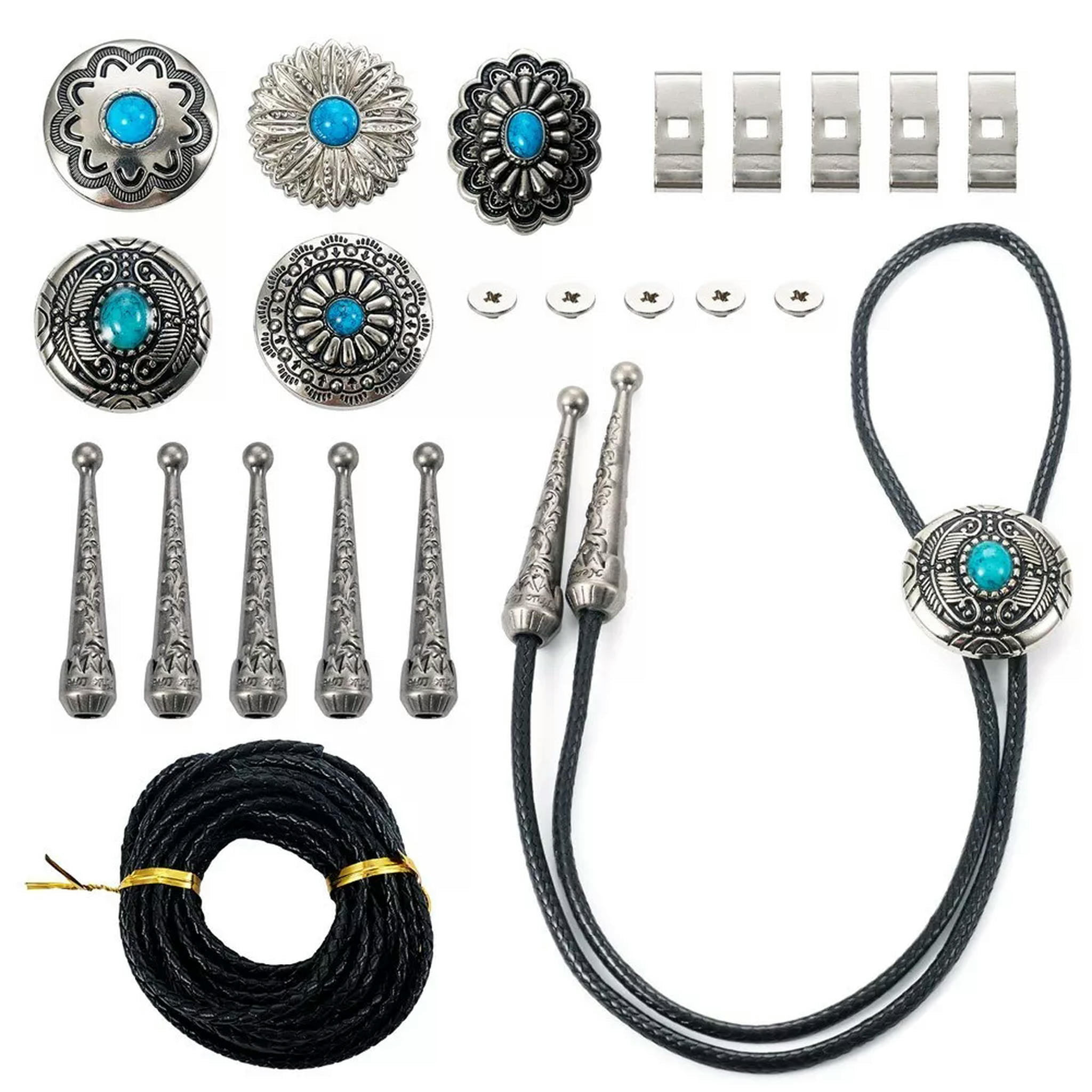 U8MO Zinc Alloy Buttons Cord End Braided Cowhide Cord DIY Flower Bolo Tie Making Kit
