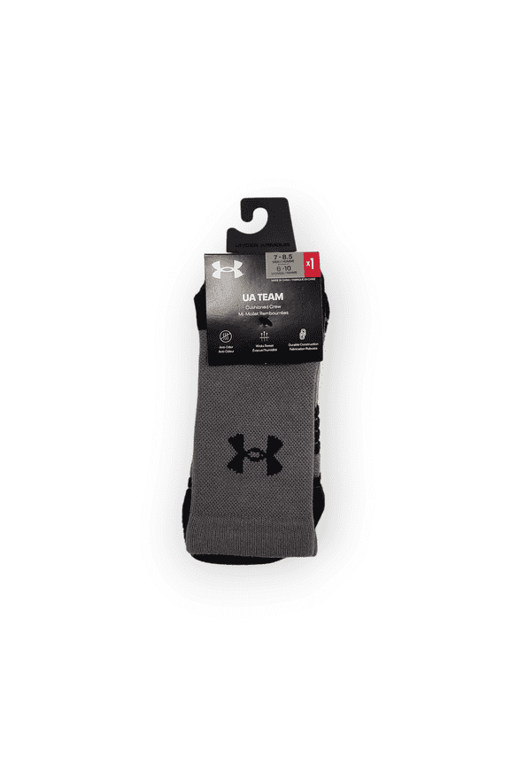 UA Team Cushioned Crew Socks, M 7-8.5, W 6-10, Graphite