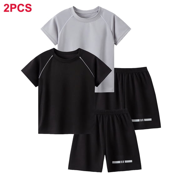 UACY 2 Pack Boys 2 Piece Summer Outfits Sweatsuit Kids Athletic Short Sleeve T-Shirts Workout Shorts Tracksuits Clothing Set (Dark Gray, 5-6 Years)