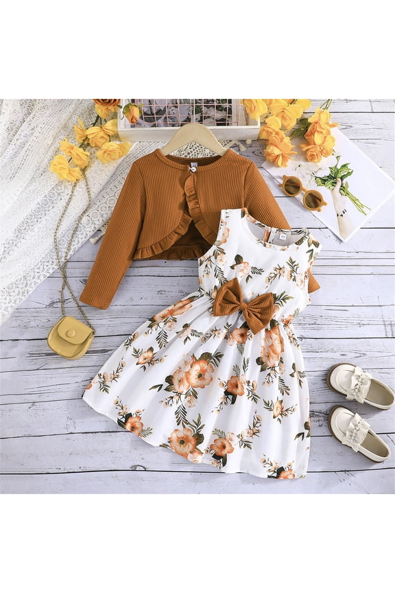2PCS Little Toddler Girls Dress with Cardigan Floral Dresses Ruffle Shrug Sweaters Spring Full Clothes