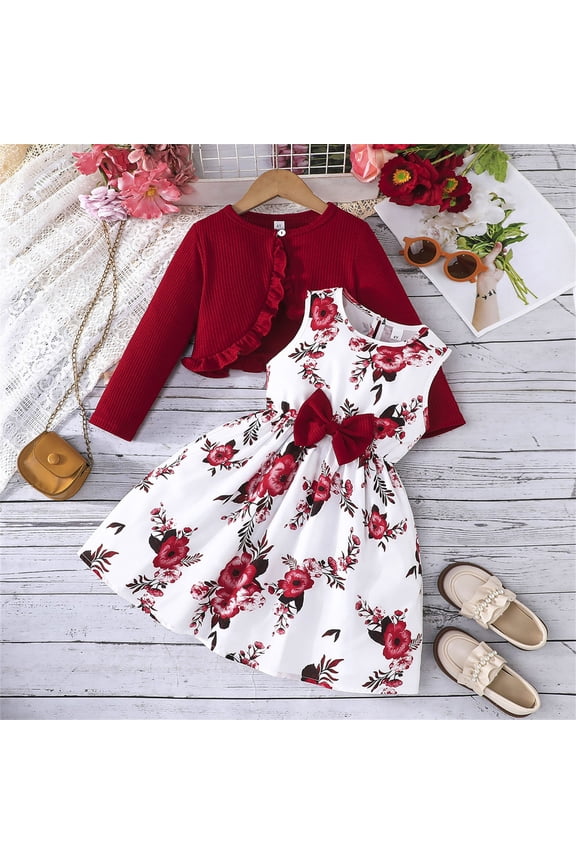 2PCS Little Toddler Girls Dress with Cardigan Floral Dresses Ruffle Shrug Sweaters Spring Full Clothes