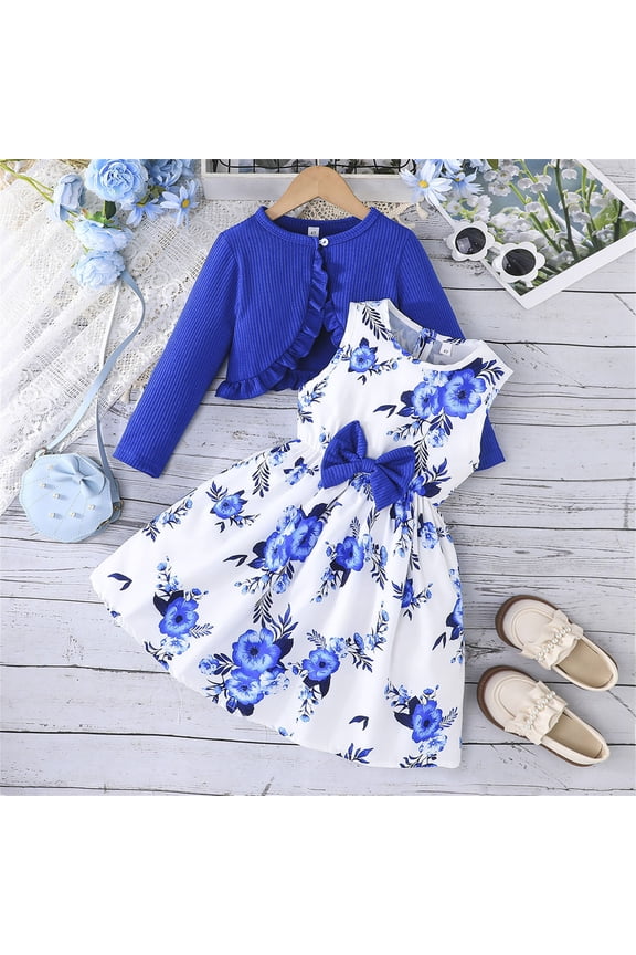 2PCS Little Toddler Girls Dress with Cardigan Floral Dresses Ruffle Shrug Sweaters Spring Full Clothes