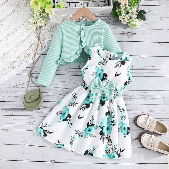 UACY 2PCS Little Toddler Girls Dress with Cardigan Floral Dresses Ruffle Shrug Sweaters Spring Full Clothes