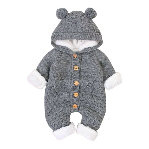 UACY Baby Boy Girls Bear Winter Hooded Jumpsuit Knitted Sweater Romper Long Sleeve Breasted Bodysuit Warm Overalls Outwear (Grey, 6-12 Months)