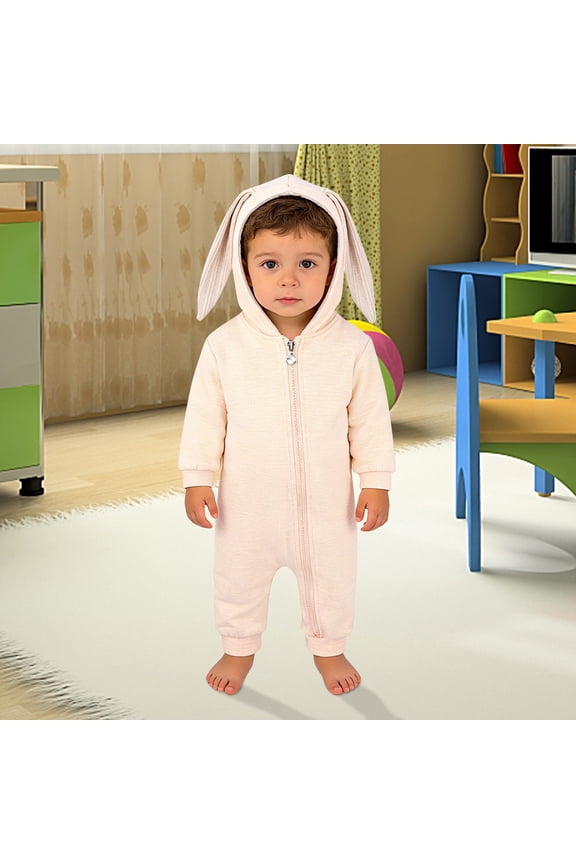 Baby Cute Bunny Ear Onesie Jumpsuit Fuzzy Warm Fleece Sherpa Bed Romper Animal Zip up Furry Warm Fall Winter Outfit (Beige, 12-18 Months)