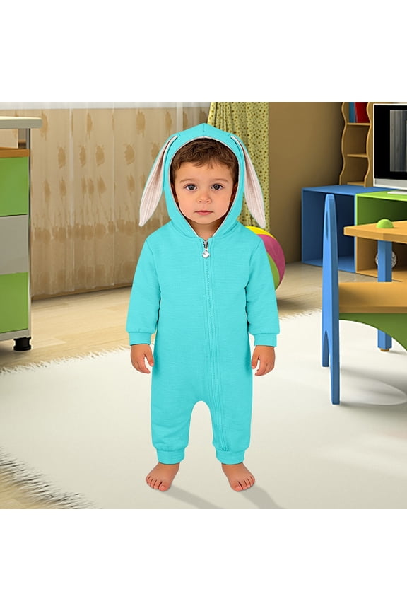 Baby Cute Bunny Ear Onesie Jumpsuit Fuzzy Warm Fleece Sherpa Bed Romper Animal Zip up Furry Warm Fall Winter Outfit (Sky Blue, 0-3 Months)