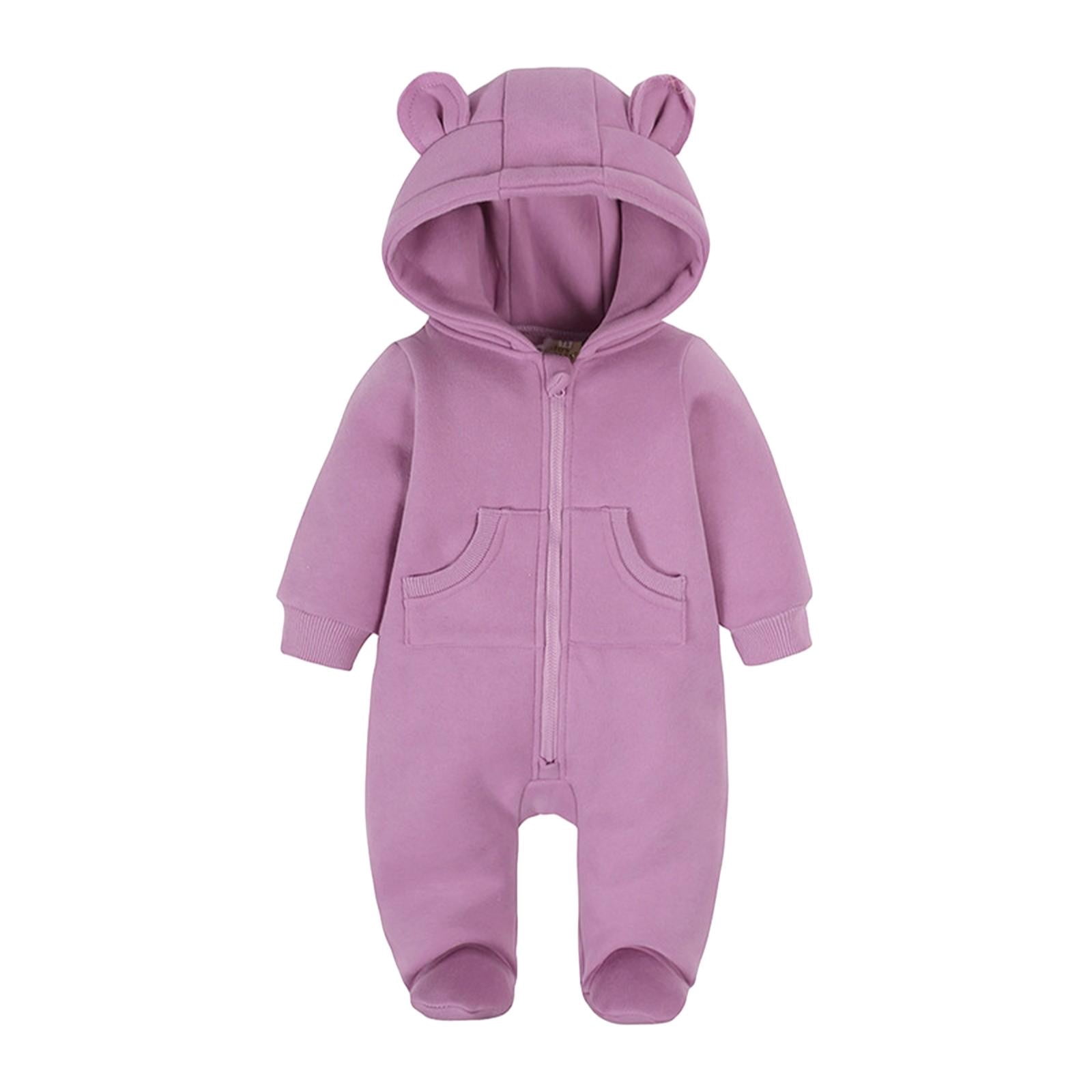 UACY Baby Fleece Jumpsuit Newborn Boys Girls Fuzzy Bear Ears Hooded Outfits Winter Warm Snowsuit Zip Up Onesie (Purple, 3-6 Months)