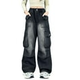 thumbnail image 1 of UACY Baggy Cargo Jeans for Boys Girls Wide Leg Vintage Wash Denim Pants Elastic High Waist Y2K Casual Trousers (Black, 15-16 Years), 1 of 8