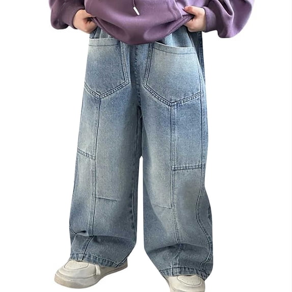UACY Boy's Girls Cargo Jeans Baggy Denim Pants Elastic Waist Straight Wide Leg Jeans Streetwear with Pockets (Blue, 9-10 Years)