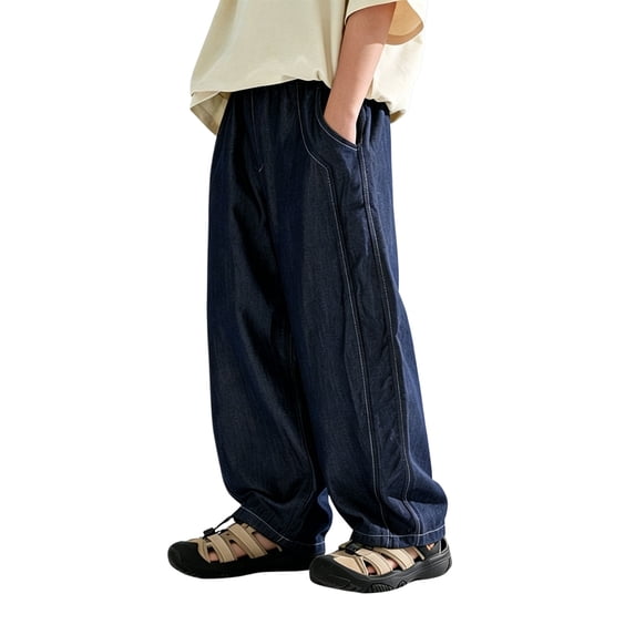 UACY Boys Baggy Jeans Teen Y2K Casual Straight Wide Leg Denim Pants Vintage Preppy Loose Elastic Waist Fit (Dark Blue, 9-10 Years)
