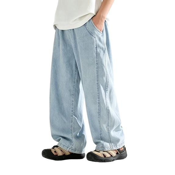 UACY Boys Baggy Jeans Teen Y2K Casual Straight Wide Leg Denim Pants Vintage Preppy Loose Elastic Waist Fit (Light Blue, 13-14 Years)