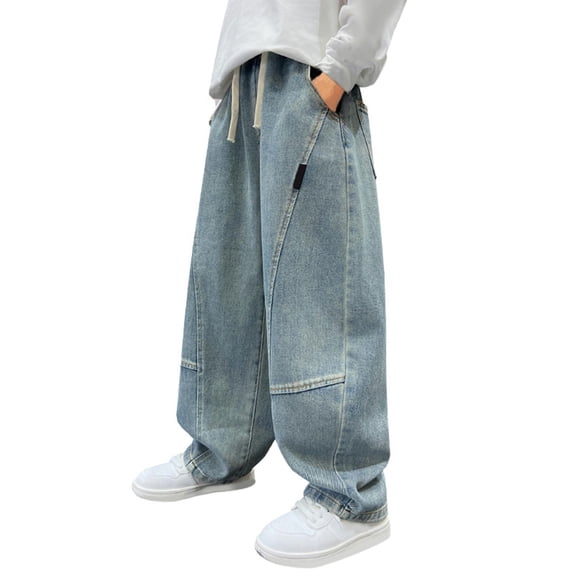UACY Boys Baggy Jeans for Kids Teen Fashion Straight Elastic Waist Wide Leg Y2K Cargo Denim Pants with Pockets (Light Blue, 15-16 Years)