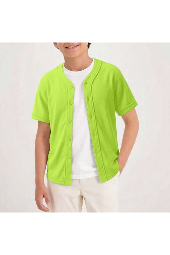 Boys Baseball Jersey Button Down Blank Solid Color Short Sleeve Shirts Hipster Hip Hop Active Team Sports Uniforms (Green, 5-6 Years)