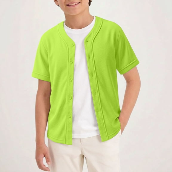 UACY Boys Baseball Jersey Button Down Blank Solid Color Short Sleeve Shirts Hipster Hip Hop Active Team Sports Uniforms (Green, 7-8 Years)