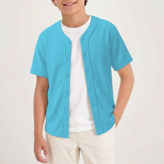UACY Boys Baseball Jersey Button Down Blank Solid Color Short Sleeve Shirts Hipster Hip Hop Active Team Sports Uniforms (Sky Blue, 4-5 Years)