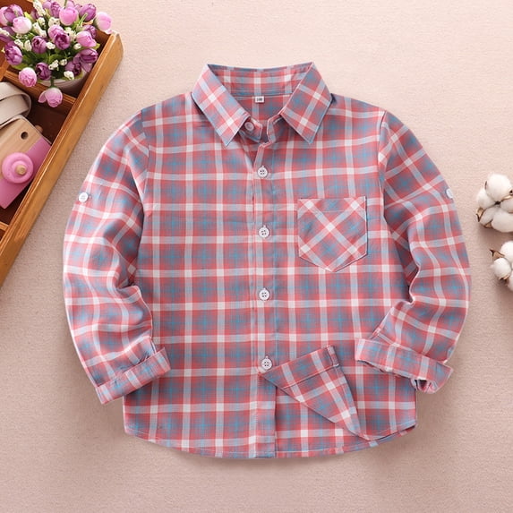 UACY Boys Flannel Shirt Toddler Buffalo Plaid Shirt Long Sleeve Button Down Shirts Kids Casual Tops (Pink, 12-18 Months)