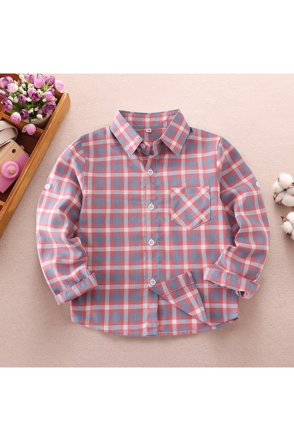 Boys Flannel Shirt Toddler Buffalo Plaid Shirt Long Sleeve Button Down Shirts Kids Casual Tops (Pink, 13-14 Years)