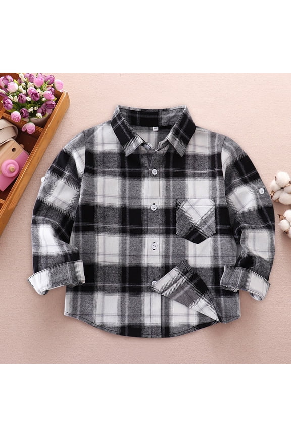 Boys Flannel Shirt Toddler Buffalo Plaid Shirt Long Sleeve Button Down Shirts Kids Casual Tops (White, 3-4 Years)