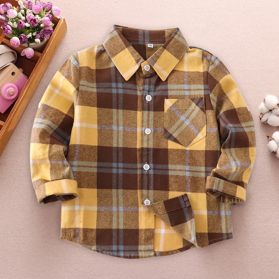 UACY Boys Flannel Shirt Toddler Buffalo Plaid Shirt Long Sleeve Button Down Shirts Kids Casual Tops (Yellow, 18-24 Months)