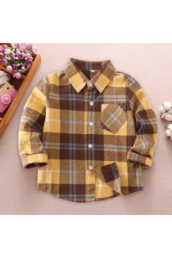 Boys Flannel Shirt Toddler Buffalo Plaid Shirt Long Sleeve Button Down Shirts Kids Casual Tops (Yellow, 3-4 Years)