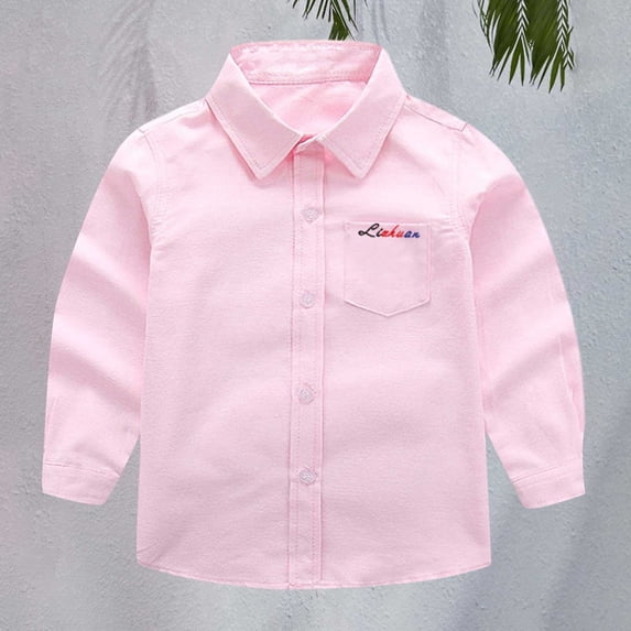 UACY Boys Girls Dress Shirt Long Sleeve Button Down Shirts Teen School Tops Kids Plain Blouse Lapel Solid Formal Tee (Pink, 11-12 Years)