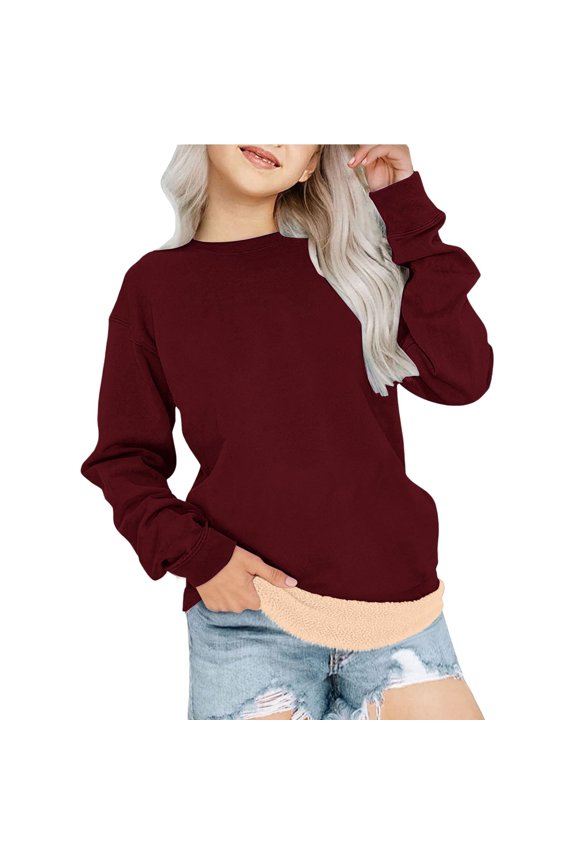 Boys Girls Fleece Lined Sweatshirt Kids Crewneck Warm Sherpa Pullover Sweater Sweatshirts Fall Winter Clothes (Wine, 13-14 Years)