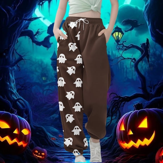 UACY Boys Girls Ghost Print Joggers Sweatpants Kids Halloween Graphic Sweat Pants Baggy Cuffed with Pockets Drawstring Casual Lounge (Coffee, 7-8 Years)