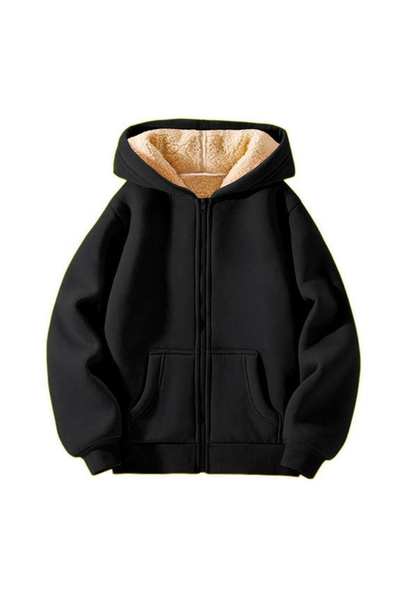 Boys Girls Sherpa Fleece Lined Jacket Kids Winter Warm Athletic Hoodies Thick Zip Up Hooded Sweatshirt Long Sleeve (Black, 13-14 Years)