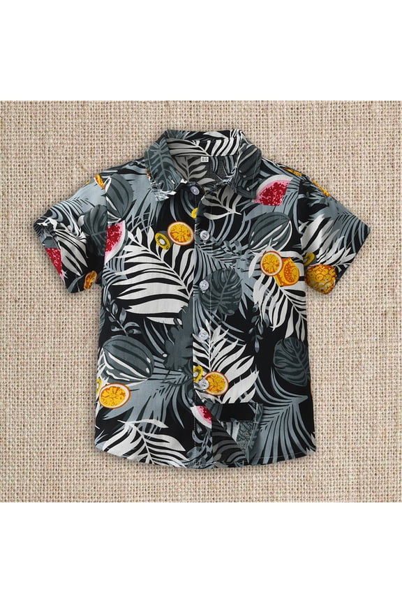 Boys Hawaiian Shirt Short Sleeve Tropical Beach Aloha Button Down Shirt Tees Cute Tops for Kids Toddler Summer Clothes (Grey, 3-6 Months)