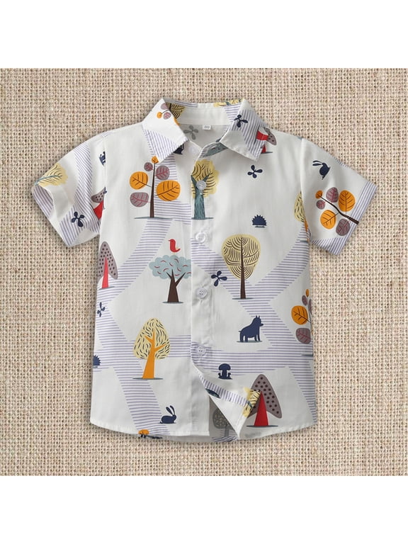 Boys Hawaiian Shirt Short Sleeve Tropical Beach Aloha Button Down Shirt Tees Cute Tops for Kids Toddler Summer Clothes (White, 4-5 Years)