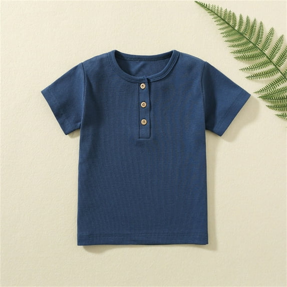 UACY Boys Henley Short Sleeve Shirts Kids Cotton Casual T-Shirt Button Front Solid Tops Tees Summer Clothes (Blue, 18-24 Months)