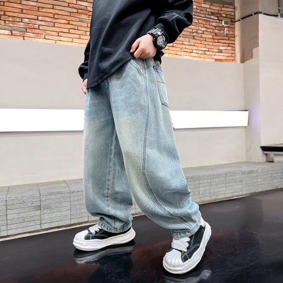 UACY Boys Jeans Kids Baggy Wide Leg Jeans Teen Vintage Elastic Waist Denim Pants Y2K Casual Streetwear with Pockets (Light Blue, 11-12 Years)