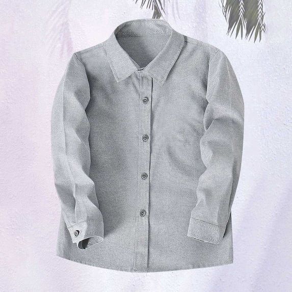 UACY Boys Linen Button Down Dress Shirt Kids Long Sleeve Shirts Tops School Uniform Shirt for Toddlers Teen (Grey, 18-24 Months)